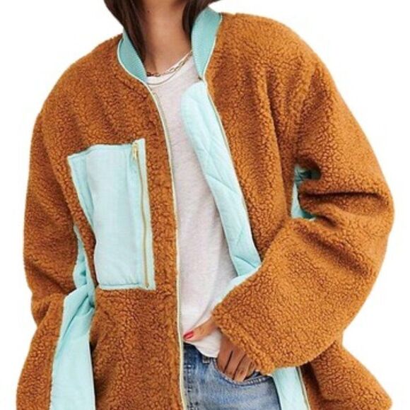 Free People Rivington Sherpa Jacket size Small in Amber Combo - NEW - Picture 1 of 16